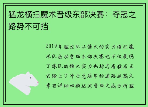 猛龙横扫魔术晋级东部决赛：夺冠之路势不可挡